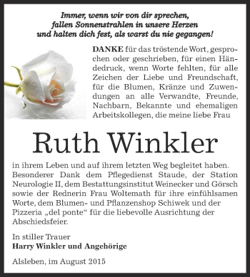 Traueranzeige von Ruth Winkler von Super Sonntag Bernburg