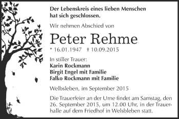 Traueranzeige von Peter Rehme von Super Sonntag Aschersleben