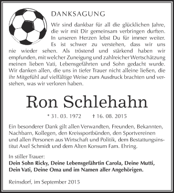 Traueranzeige von Ron Schlehahn von WVG - Wochenspiegel NMB / WSF / ZTZ