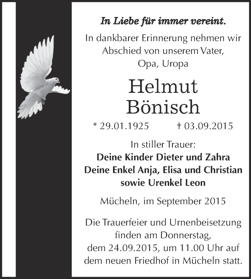  Traueranzeige für Irmgard und Helmut Bönisch vom 12.09.2015 aus WVG - Wochenspiegel Merseburg