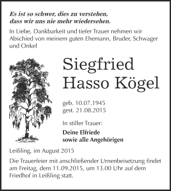 Traueranzeige von Siegfried Hasso Kögel von WVG - Wochenspiegel NMB / WSF / ZTZ