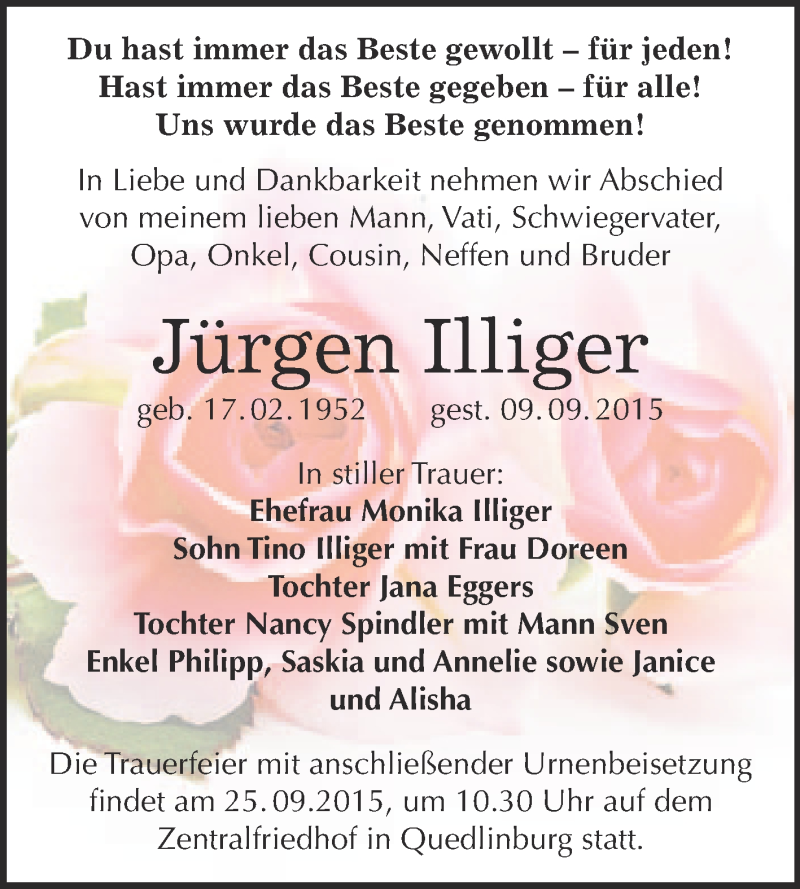  Traueranzeige für Jürgen Illiger vom 19.09.2015 aus Super Sonntag Quedlinburg