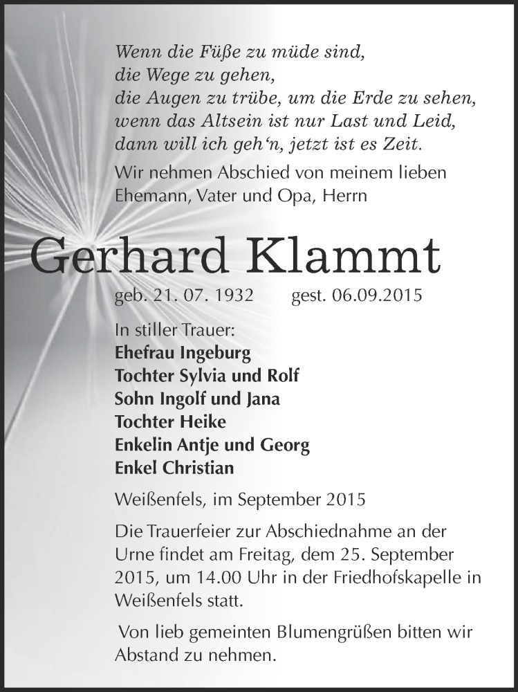  Traueranzeige für Gerhard Klammt vom 16.09.2015 aus Super Sonntag Merseburg