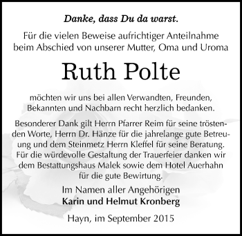 Traueranzeige von Ruth Polte von Mitteldeutsche Zeitung Sangerhausen