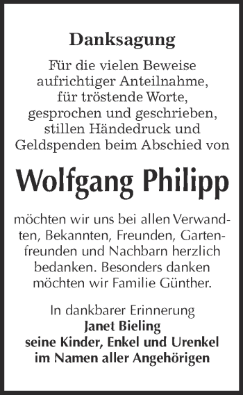 Traueranzeige von Wolfgang Philipp von WVG - Wochenspiegel NMB / WSF / ZTZ
