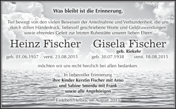 Traueranzeige von Heinz und Gisela Fischer von Wochenspiegel Mansfelder Land