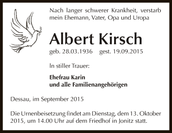 Traueranzeige von Albert Kirsch von WVG - Wochenspiegel Dessau / Köthen