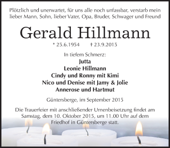 Traueranzeige von Gerald Hillmann von Mitteldeutsche Zeitung Quedlinburg