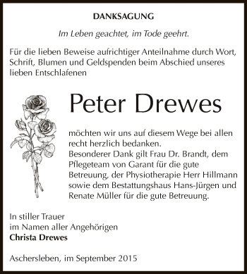 Traueranzeige von Peter Drewes von Super Sonntag Aschersleben