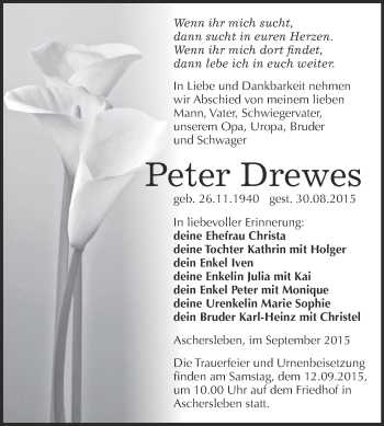 Traueranzeige von Peter Drewes von Super Sonntag Aschersleben