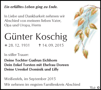 Traueranzeige von Günter Koschig von Super Sonntag Zeitz