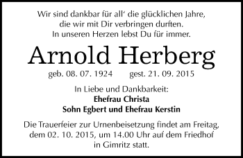 Traueranzeige von Arnold Herberg von Mitteldeutsche Zeitung Halle/Saalkreis