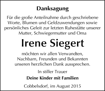 Traueranzeige von Irene Siegert von Mitteldeutsche Zeitung Wittenberg
