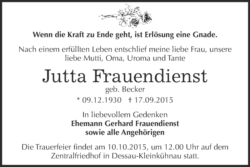  Traueranzeige für Jutta Frauendienst vom 26.09.2015 aus WVG - Wochenspiegel Dessau / Köthen