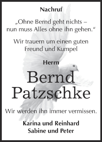 Traueranzeige von Bernd Patzschke von WVG - Wochenspiegel NMB / WSF / ZTZ