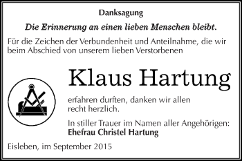 Traueranzeige von Klaus Hartung von Wochenspiegel Mansfelder Land