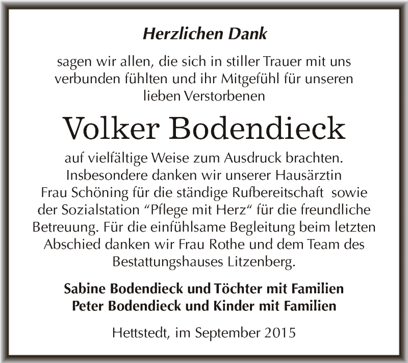  Traueranzeige für Volker Bodendieck vom 23.09.2015 aus Wochenspiegel Mansfelder Land