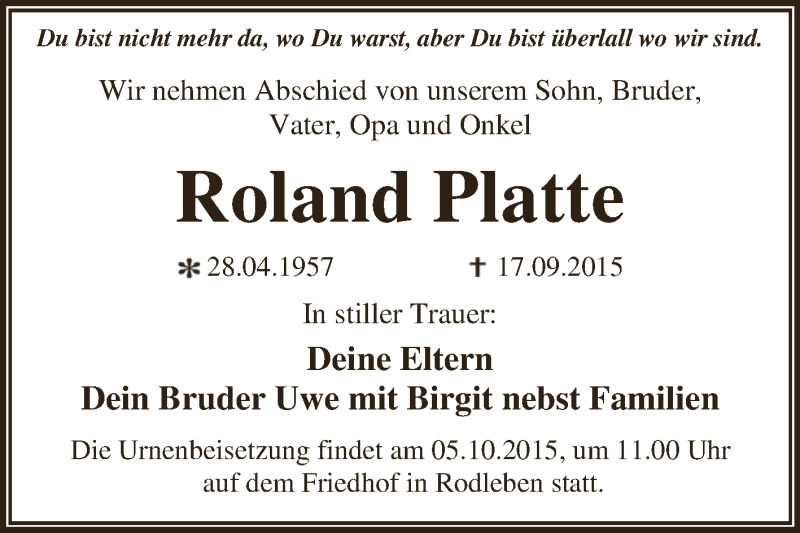  Traueranzeige für Roland Platte vom 26.09.2015 aus WVG - Wochenspiegel Dessau / Köthen