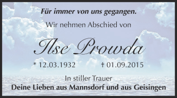 Traueranzeige von Ilse Prowda von Super Sonntag Zeitz