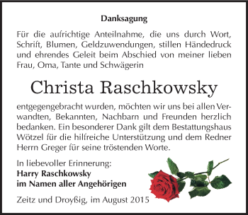 Traueranzeige von Christa Raschkowsky von Mitteldeutsche Zeitung Zeitz