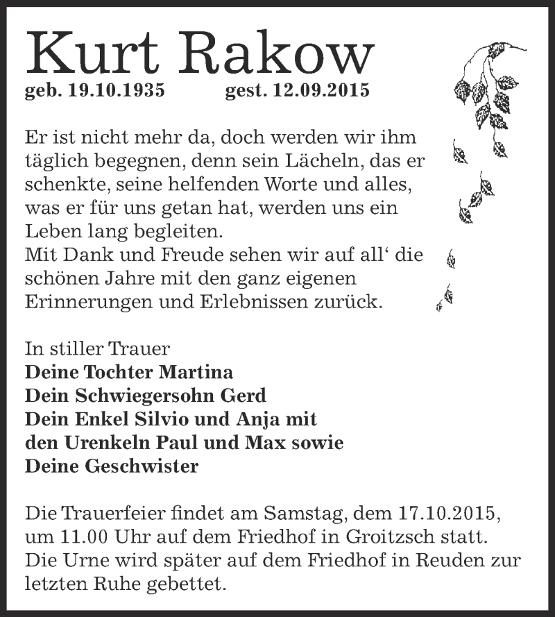  Traueranzeige für Kurt Rakow vom 19.09.2015 aus Super Sonntag Zeitz