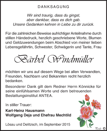 Traueranzeige von Bärbel Windmüller von WVG - Wochenspiegel NMB / WSF / ZTZ