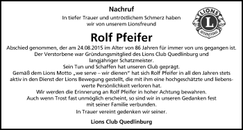 Traueranzeige von Rolf Pfeifer von Mitteldeutsche Zeitung Quedlinburg