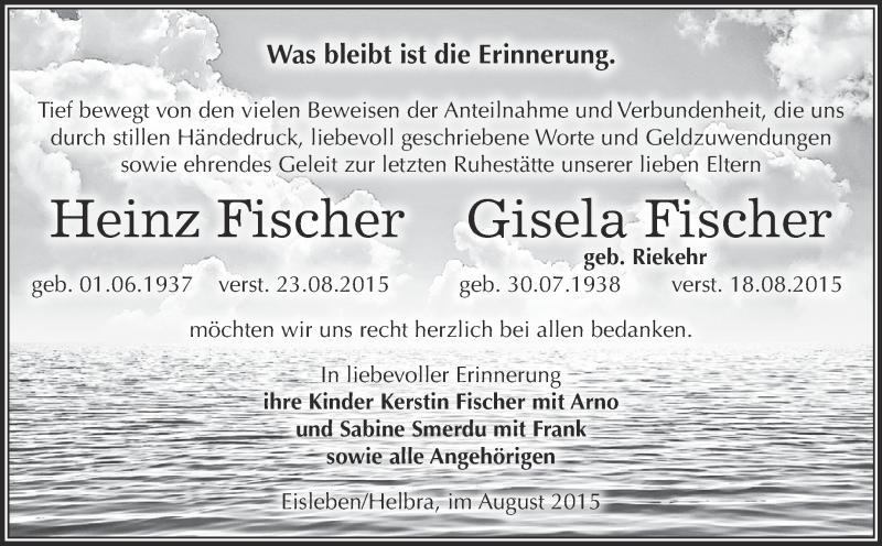  Traueranzeige für Heinz und Gisela Fischer vom 23.09.2015 aus Wochenspiegel Mansfelder Land