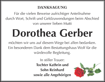 Traueranzeige von Dorothea Gerber von WVG - Wochenspiegel NMB / WSF / ZTZ