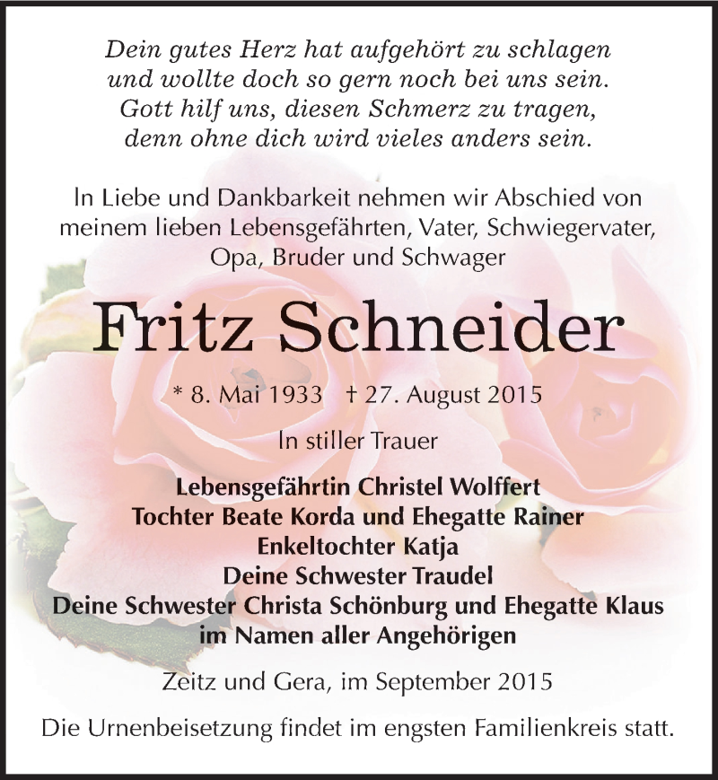  Traueranzeige für Fritz Schneider vom 05.09.2015 aus Mitteldeutsche Zeitung Zeitz