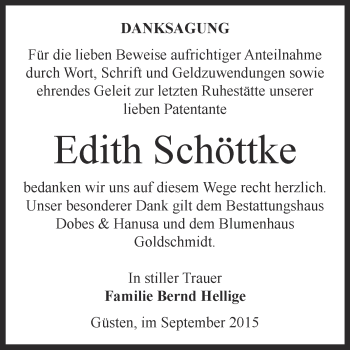 Traueranzeige von Edith Schöttke von Super Sonntag Bernburg