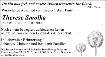 Traueranzeige von Therese Smolka von Mitteldeutsche Zeitung Dessau-Roßlau