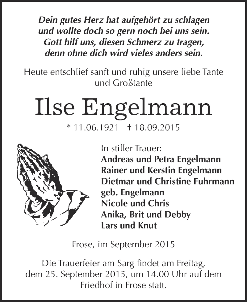  Traueranzeige für Ilse Engelmann vom 23.09.2015 aus Super Sonntag Aschersleben