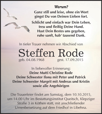 Traueranzeige von Steffen Rode von WVG - Wochenspiegel Dessau / Köthen