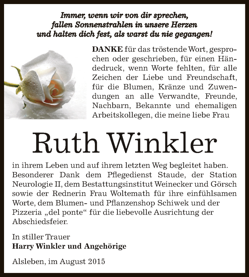  Traueranzeige für Ruth Winkler vom 05.09.2015 aus Super Sonntag Bernburg