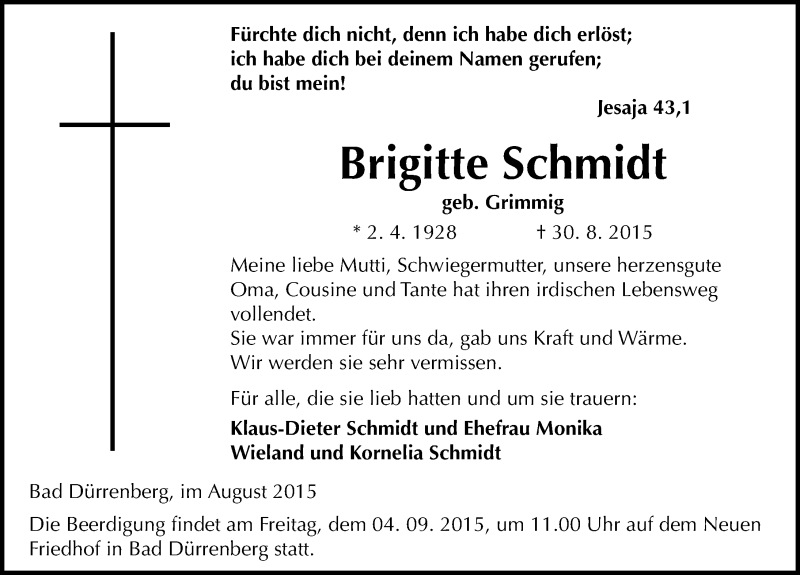  Traueranzeige für Brigitte Schmidt vom 01.09.2015 aus Mitteldeutsche Zeitung Merseburg/Querfurt