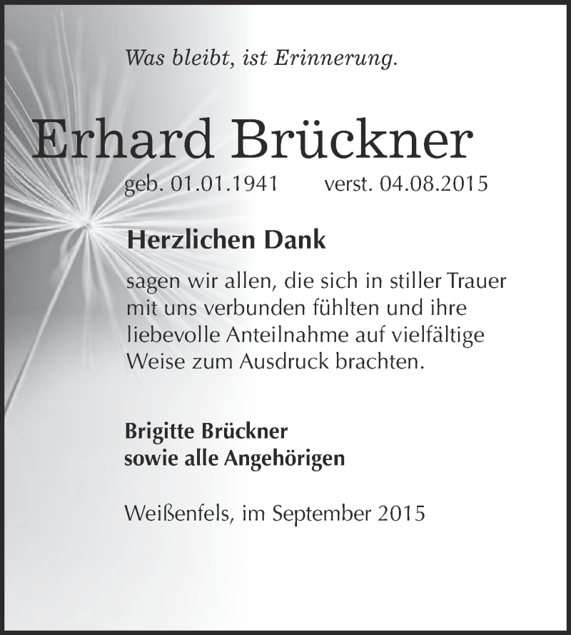  Traueranzeige für Erhard Brückner vom 23.09.2015 aus WVG - Wochenspiegel NMB / WSF / ZTZ