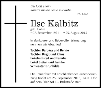 Traueranzeige von Ilse Kalbitz von Mitteldeutsche Zeitung Bernburg
