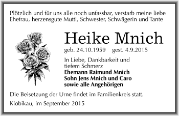 Traueranzeige von Heike Mnich von Mitteldeutsche Zeitung Merseburg/Querfurt