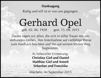 Traueranzeige von Gerhard Opel von WVG - Wochenspiegel Merseburg