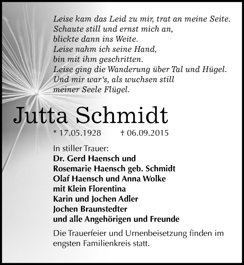  Traueranzeige für Jutta Schmidt vom 10.09.2015 aus Mitteldeutsche Zeitung Aschersleben