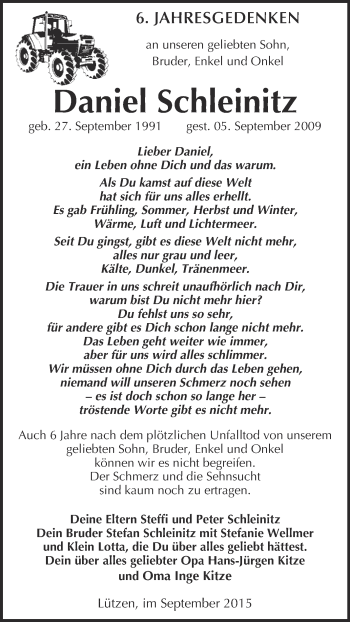 Traueranzeige von Daniel Schleinitz von Super Sonntag Merseburg