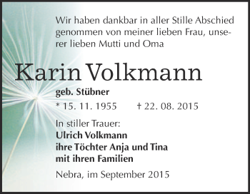 Traueranzeige von Karin Volkmann von WVG - Wochenspiegel NMB / WSF / ZTZ