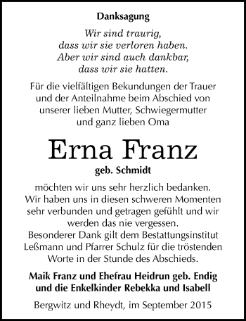 Traueranzeige von Erna Franz von Mitteldeutsche Zeitung Wittenberg
