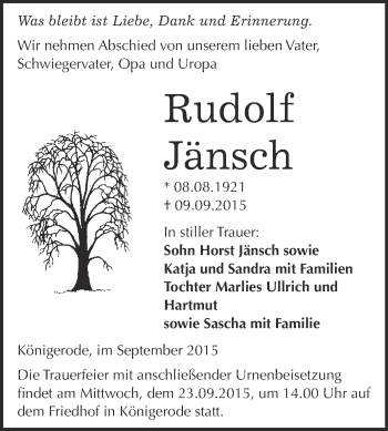 Traueranzeige von Rudolf Jänsch von WVG - Wochenspiegel Quedlinburg