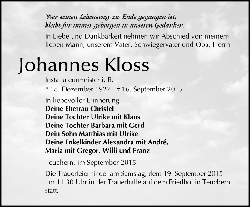  Traueranzeige für Johannes Kloss vom 18.09.2015 aus Mitteldeutsche Zeitung Weißenfels