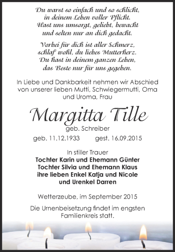 Traueranzeige von Margitta Tille von Super Sonntag Zeitz