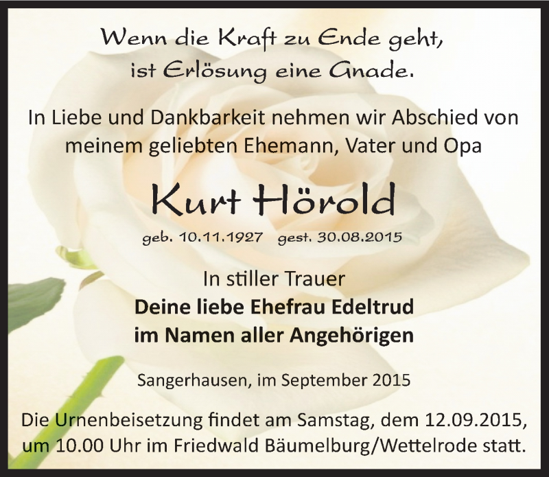  Traueranzeige für Kurt Hörold vom 05.09.2015 aus Mitteldeutsche Zeitung Sangerhausen