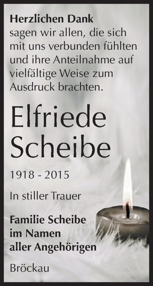  Traueranzeige für Elfriede Scheibe vom 12.09.2015 aus Super Sonntag Zeitz
