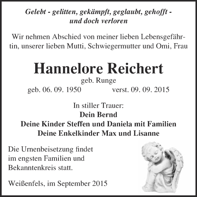  Traueranzeige für Hannelore Reichert vom 16.09.2015 aus WVG - Wochenspiegel NMB / WSF / ZTZ